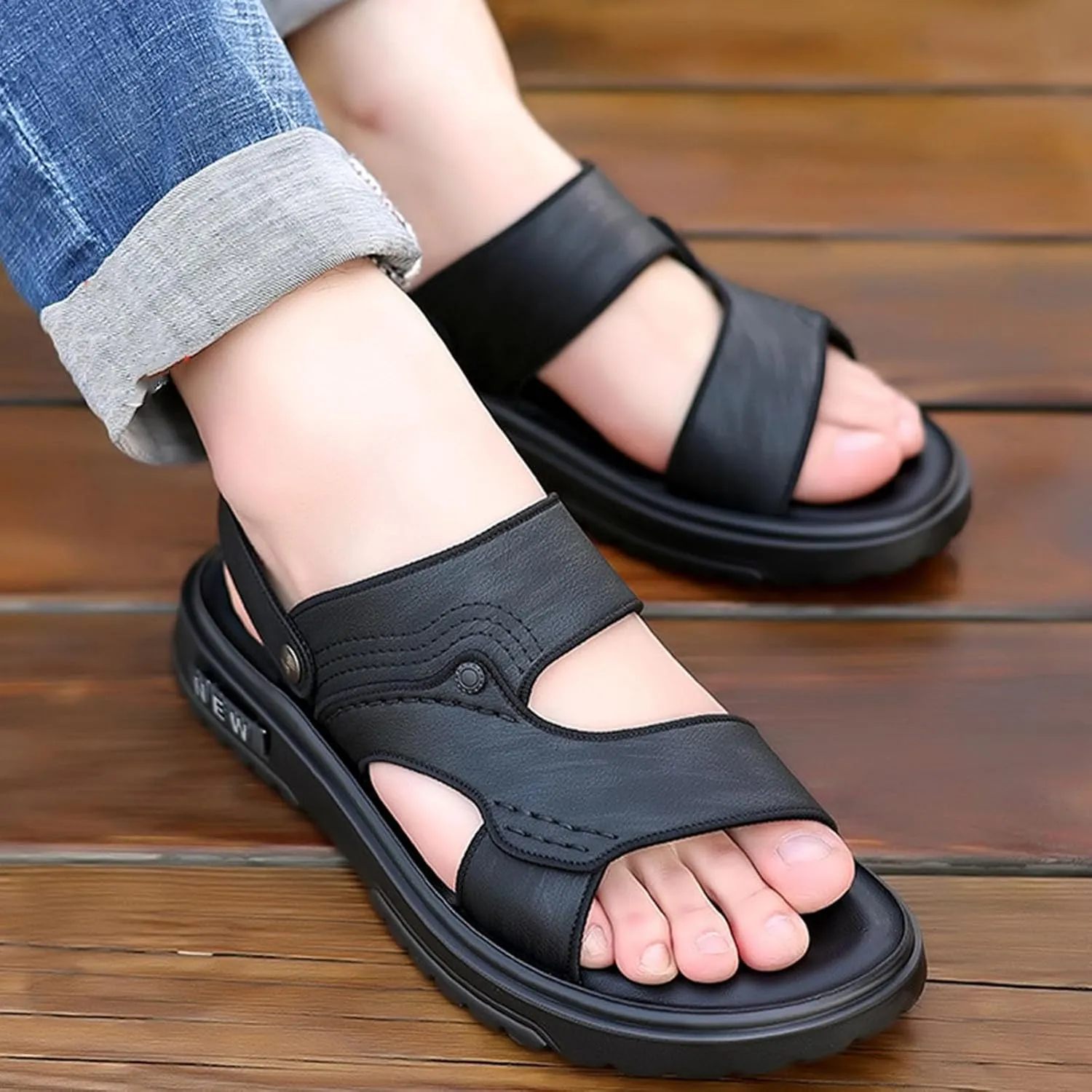 Men's Sandals Open-Toe Faux Leather Sport Outdoor Sandals Athletic Shoes Slip On Slides for Office Driving Walking