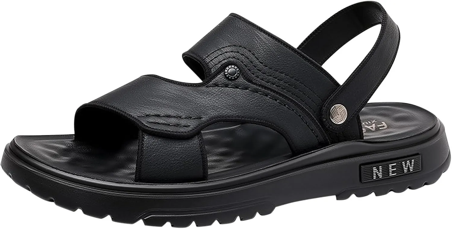 Men's Sandals Open-Toe Faux Leather Sport Outdoor Sandals Athletic Shoes Slip On Slides for Office Driving Walking
