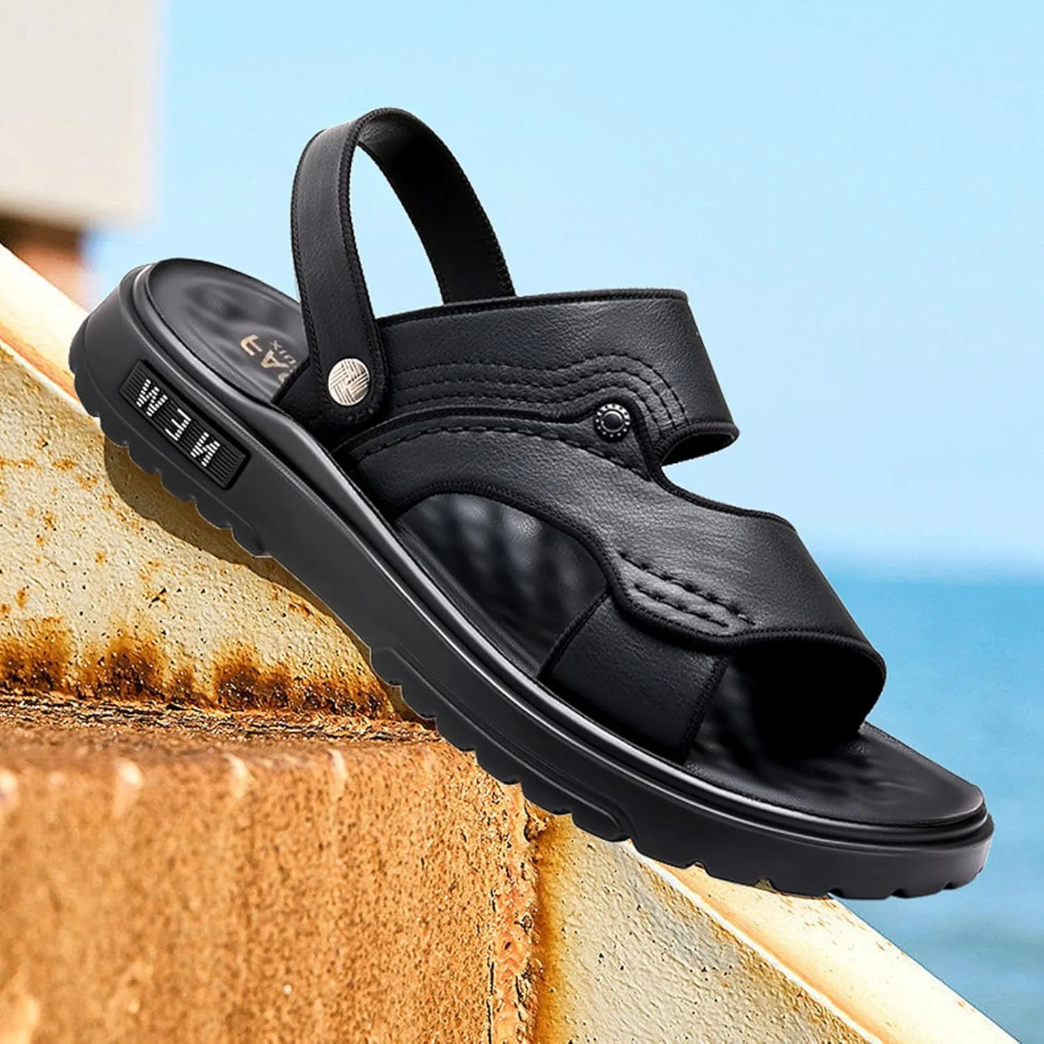 Men's Sandals Open-Toe Faux Leather Sport Outdoor Sandals Athletic Shoes Slip On Slides for Office Driving Walking