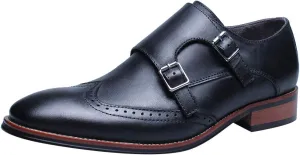 Men's Smart Monk Brogues Genuine Leather Wooden Heel Formal Dress Shoes