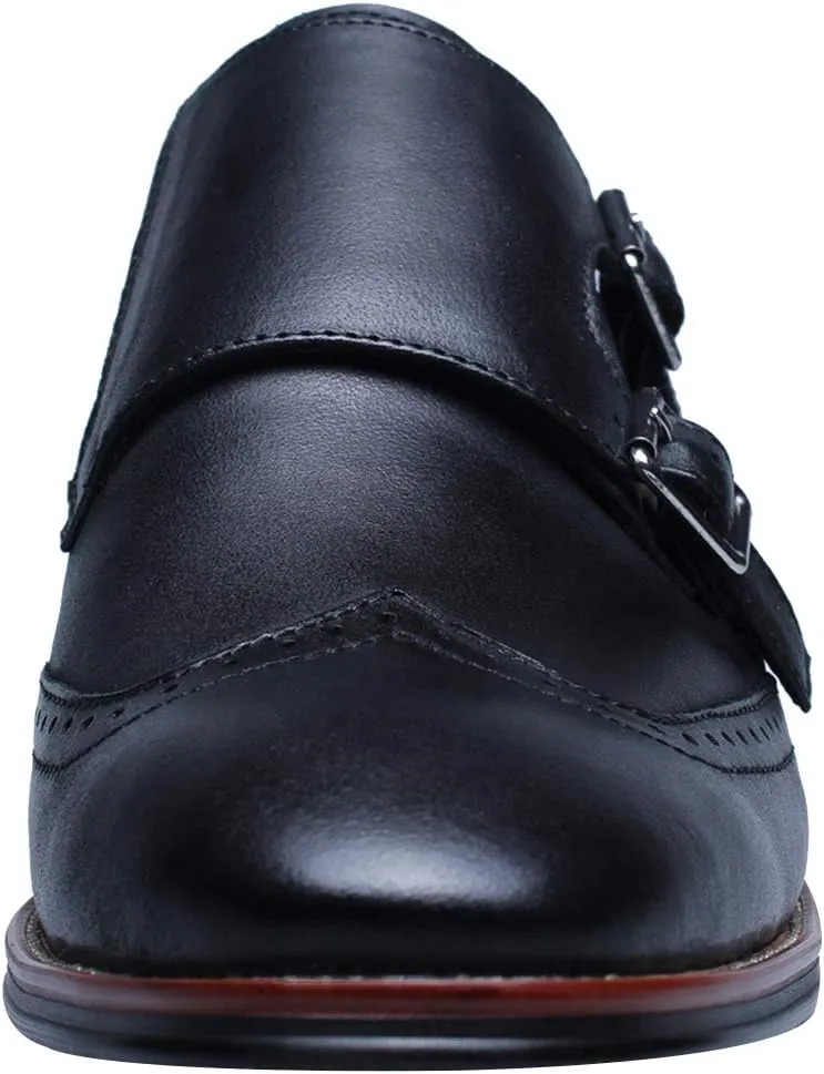 Men's Smart Monk Brogues Genuine Leather Wooden Heel Formal Dress Shoes
