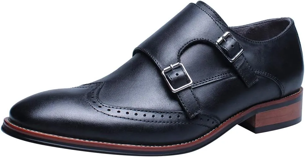 Men's Smart Monk Brogues Genuine Leather Wooden Heel Formal Dress Shoes