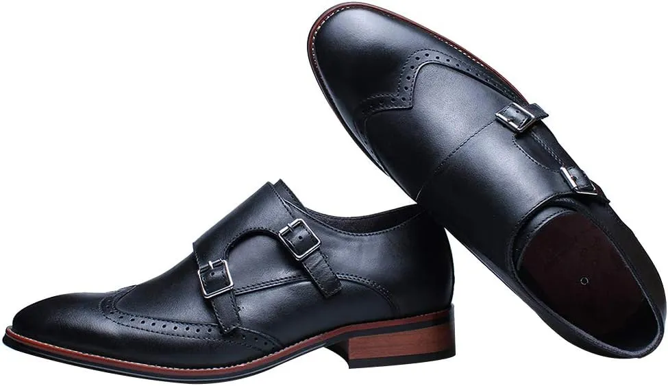 Men's Smart Monk Brogues Genuine Leather Wooden Heel Formal Dress Shoes