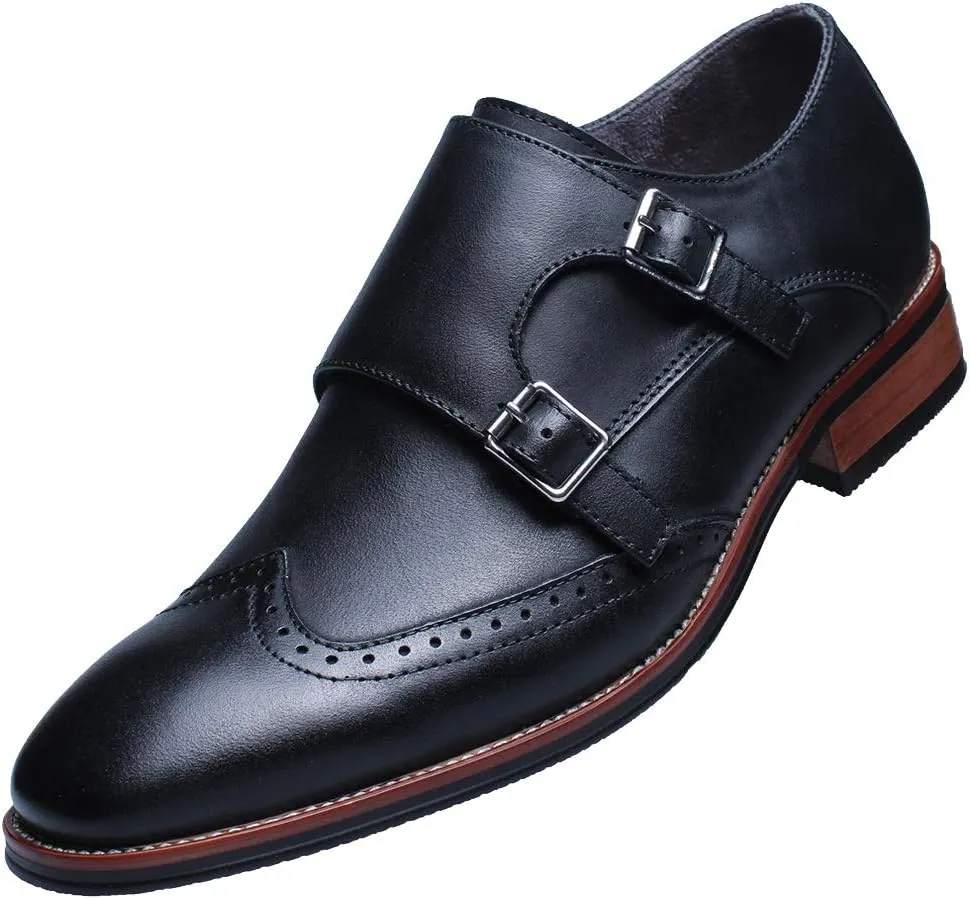 Men's Smart Monk Brogues Genuine Leather Wooden Heel Formal Dress Shoes