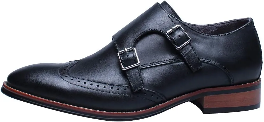 Men's Smart Monk Brogues Genuine Leather Wooden Heel Formal Dress Shoes