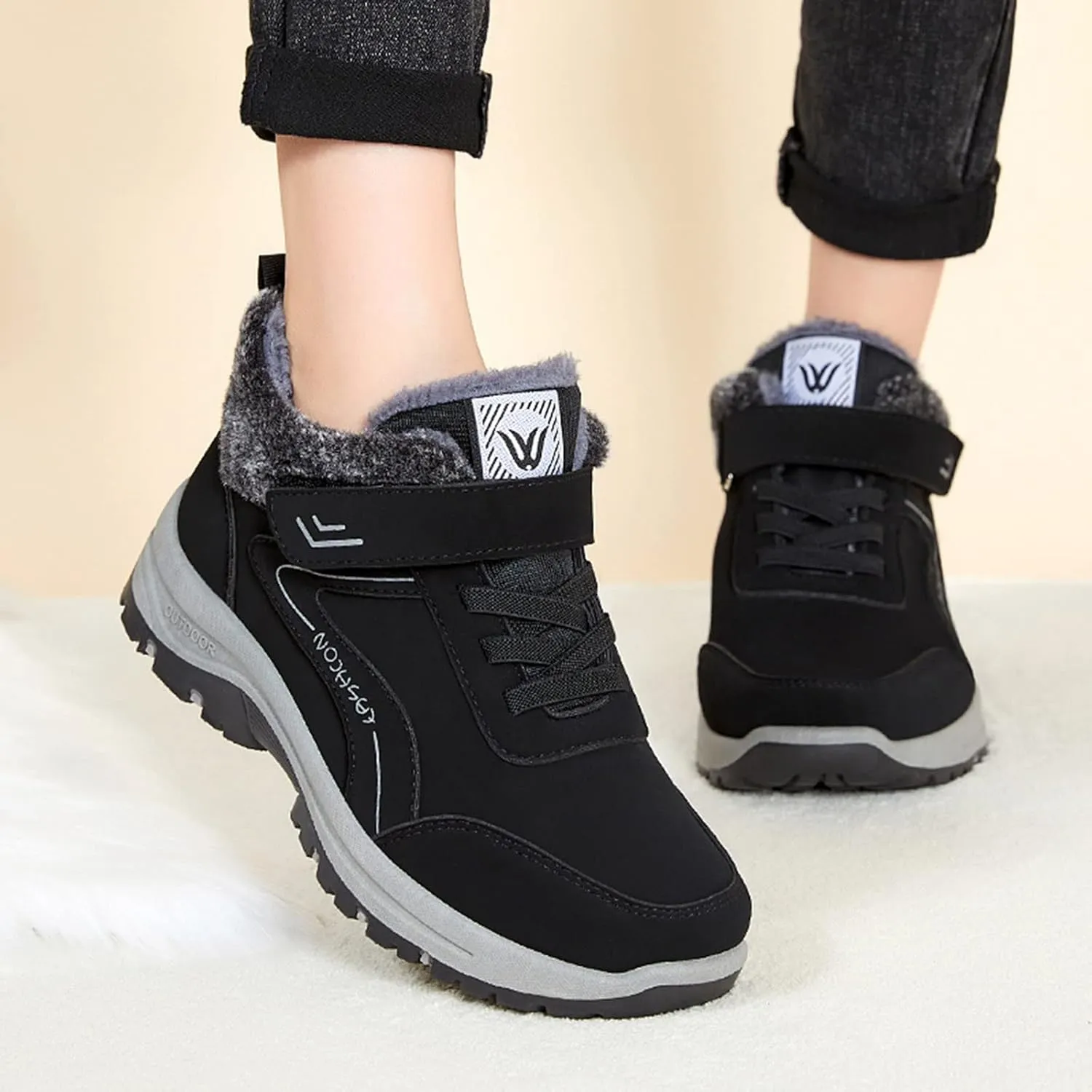 Mens Work Boots Slip On Hiking Sneakers with Warm Fur Lining Working Shoes for Women Food Service Winter Outdoor Botas Waterproof Non Slip Hike Grounded Footwear