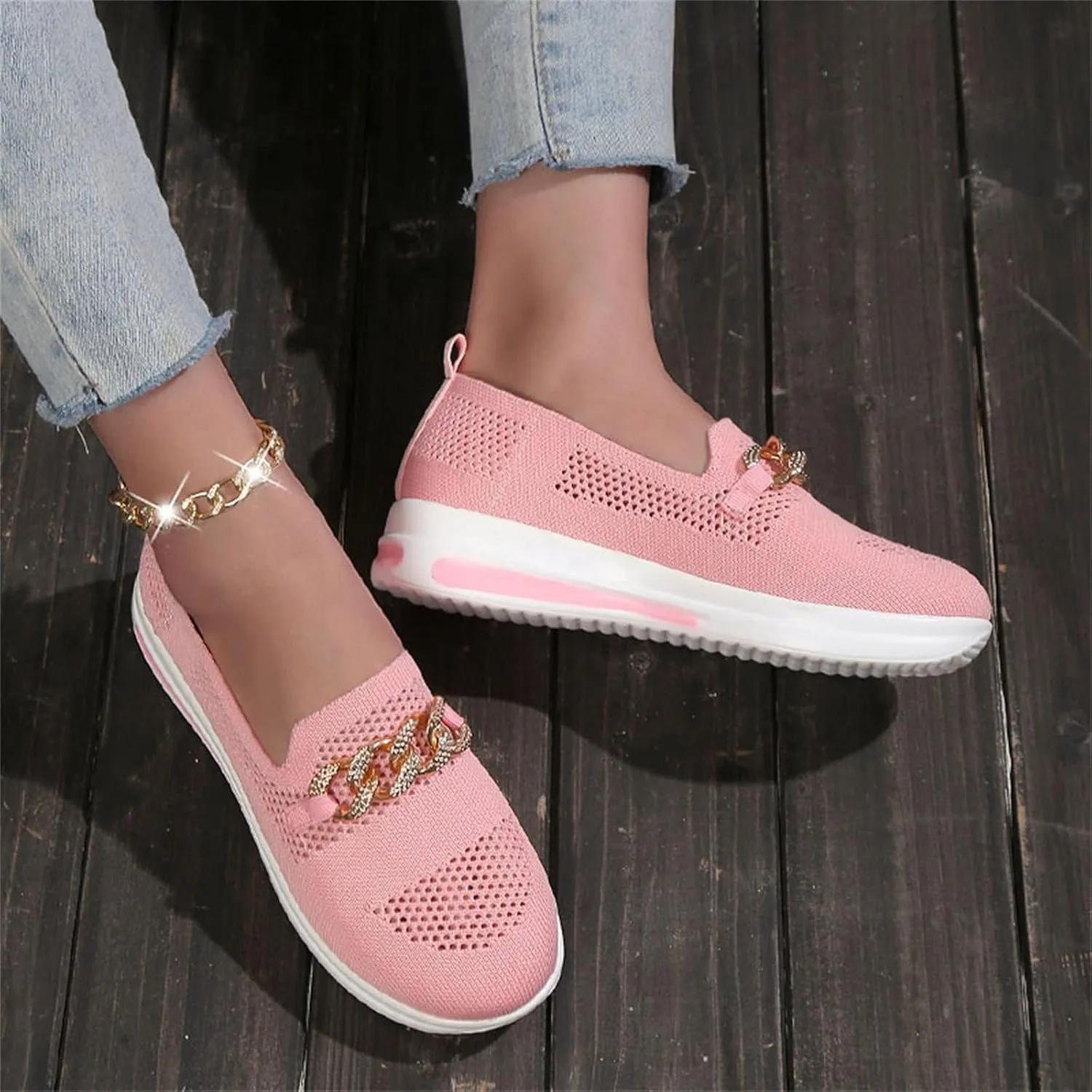 Mesh Slip on Chain Decorative Casual Sport Shoes Comfortable Breathable Lighweight Sneakers for Alll Day Wear Soft Sole Outdoor Walking Shoes for Women