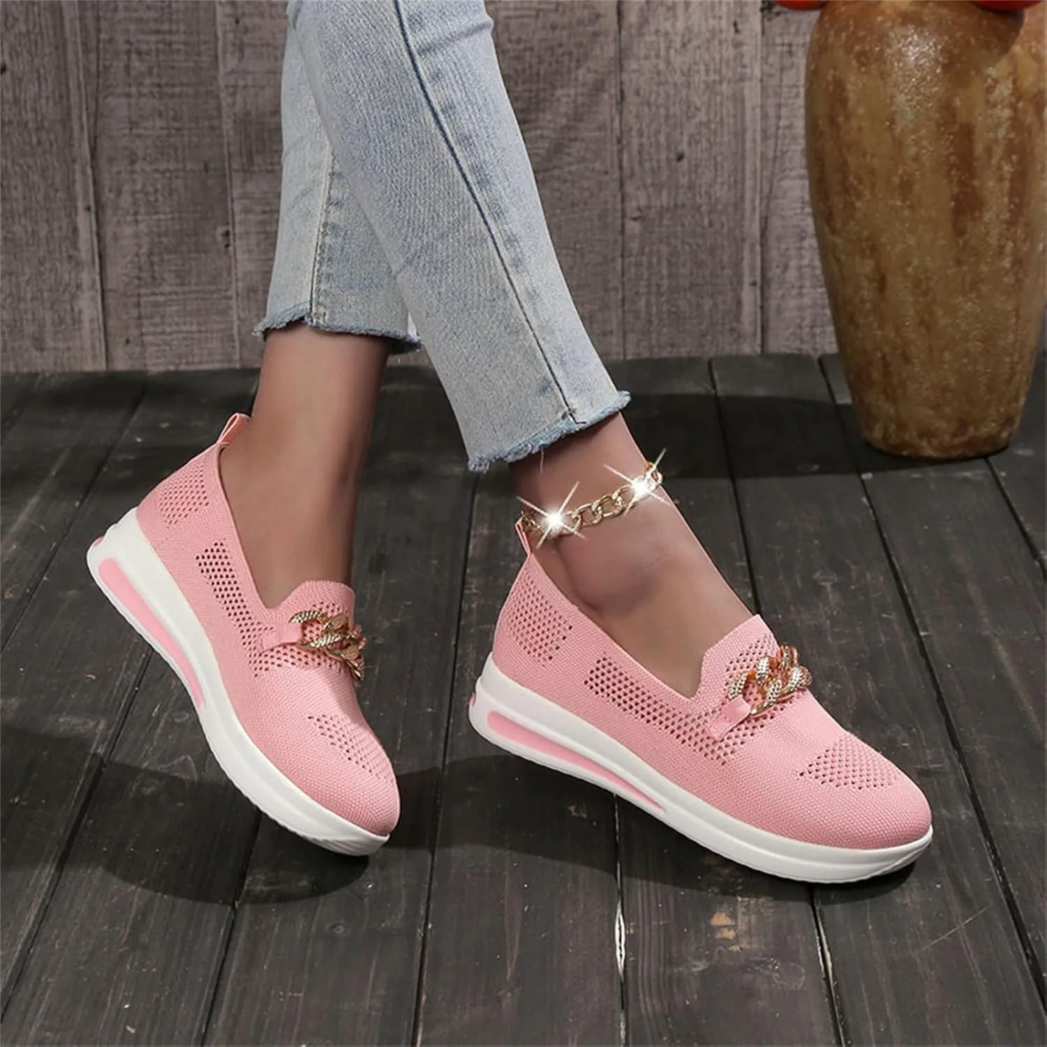 Mesh Slip on Chain Decorative Casual Sport Shoes Comfortable Breathable Lighweight Sneakers for Alll Day Wear Soft Sole Outdoor Walking Shoes for Women