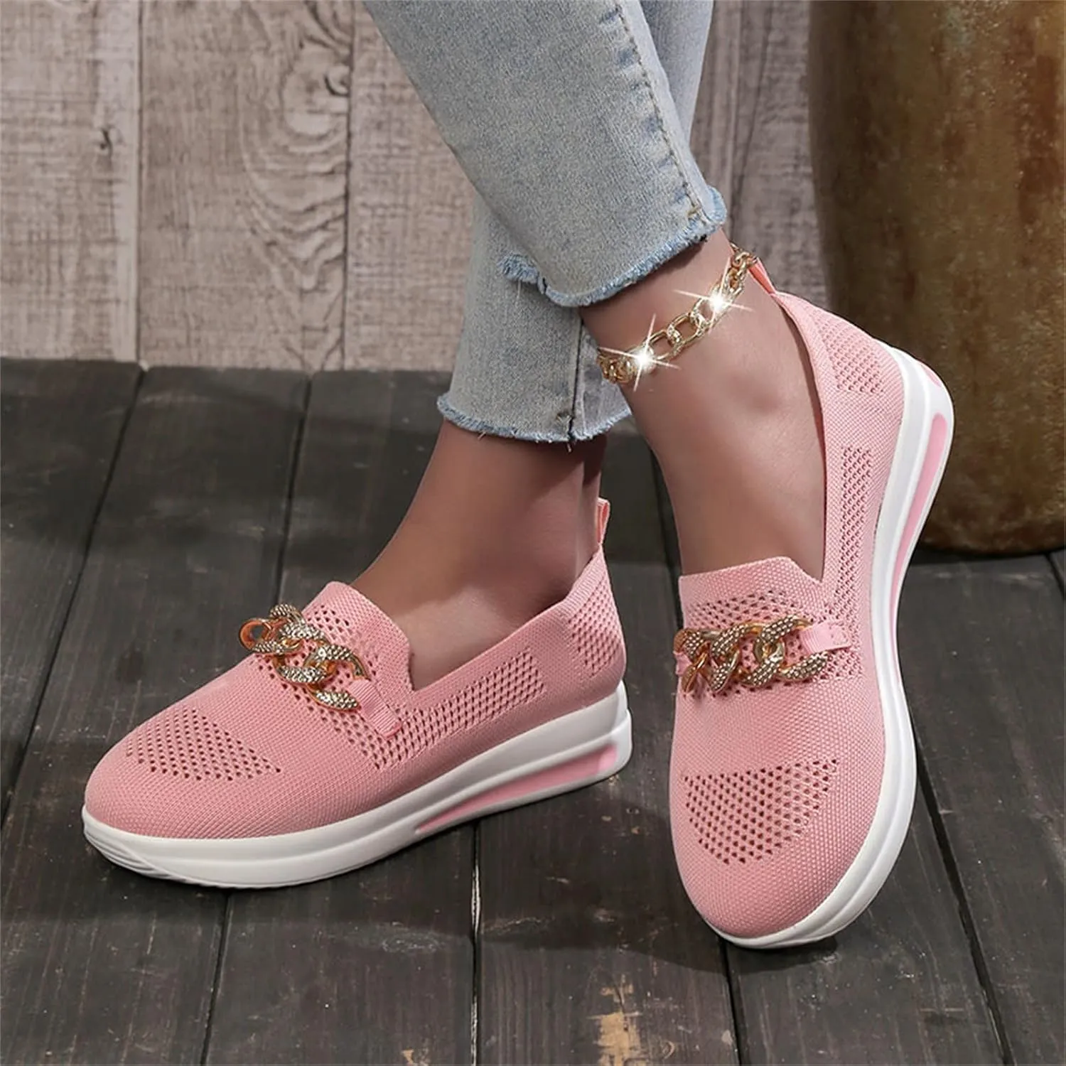 Mesh Slip on Chain Decorative Casual Sport Shoes Comfortable Breathable Lighweight Sneakers for Alll Day Wear Soft Sole Outdoor Walking Shoes for Women