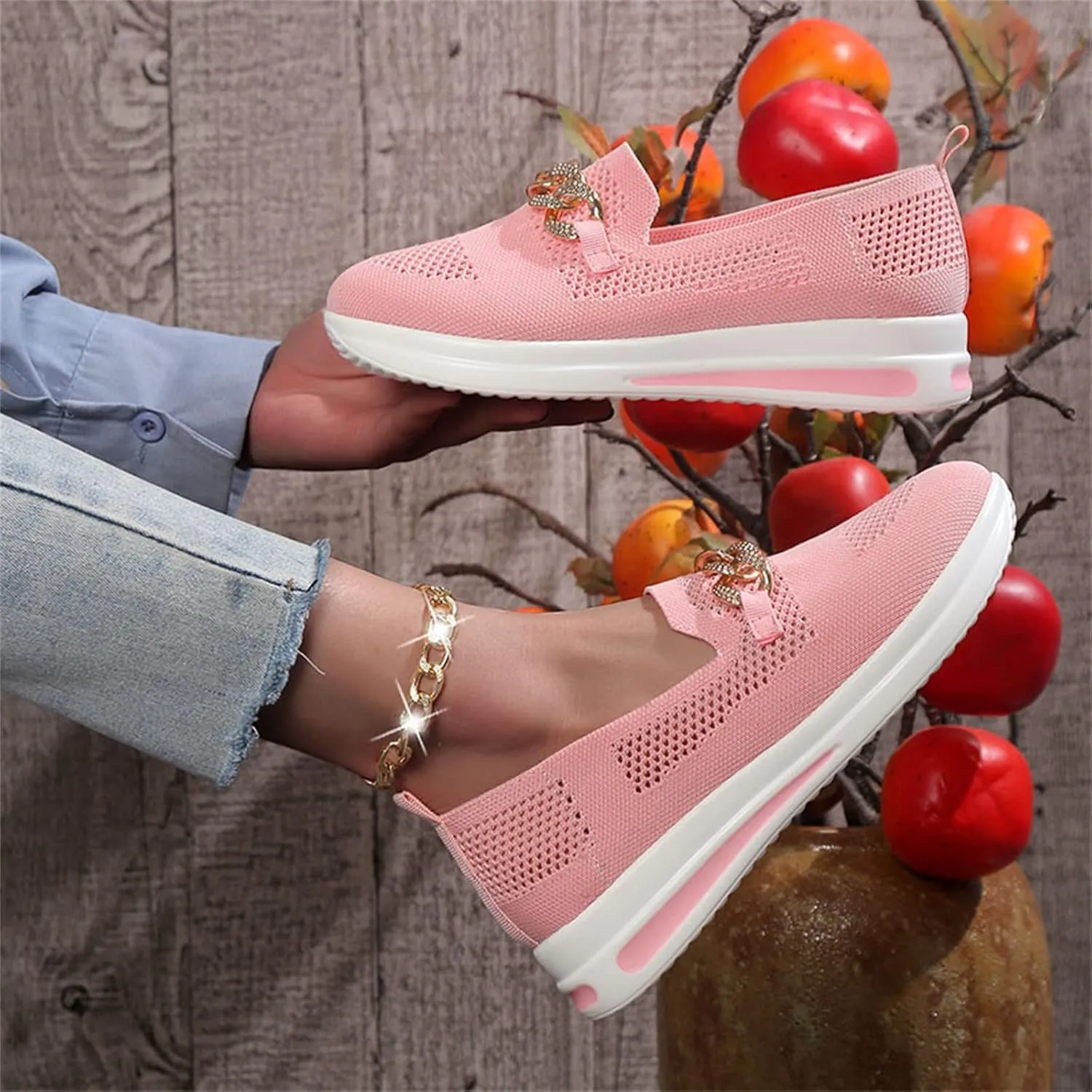 Mesh Slip on Chain Decorative Casual Sport Shoes Comfortable Breathable Lighweight Sneakers for Alll Day Wear Soft Sole Outdoor Walking Shoes for Women