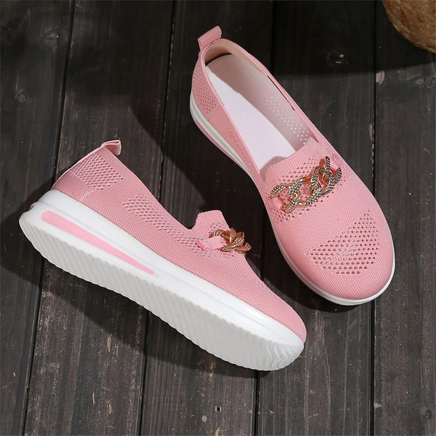 Mesh Slip on Chain Decorative Casual Sport Shoes Comfortable Breathable Lighweight Sneakers for Alll Day Wear Soft Sole Outdoor Walking Shoes for Women