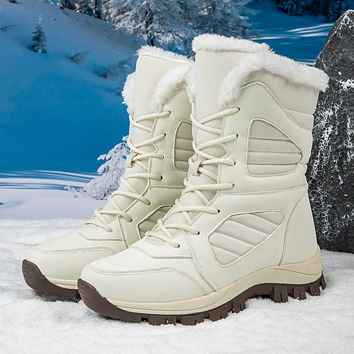 Mid Calf Snow Boots for Women Fleece Lined Warm Winter Boots Lace Up Non Slip Boots Vintage High Top Winter Snow