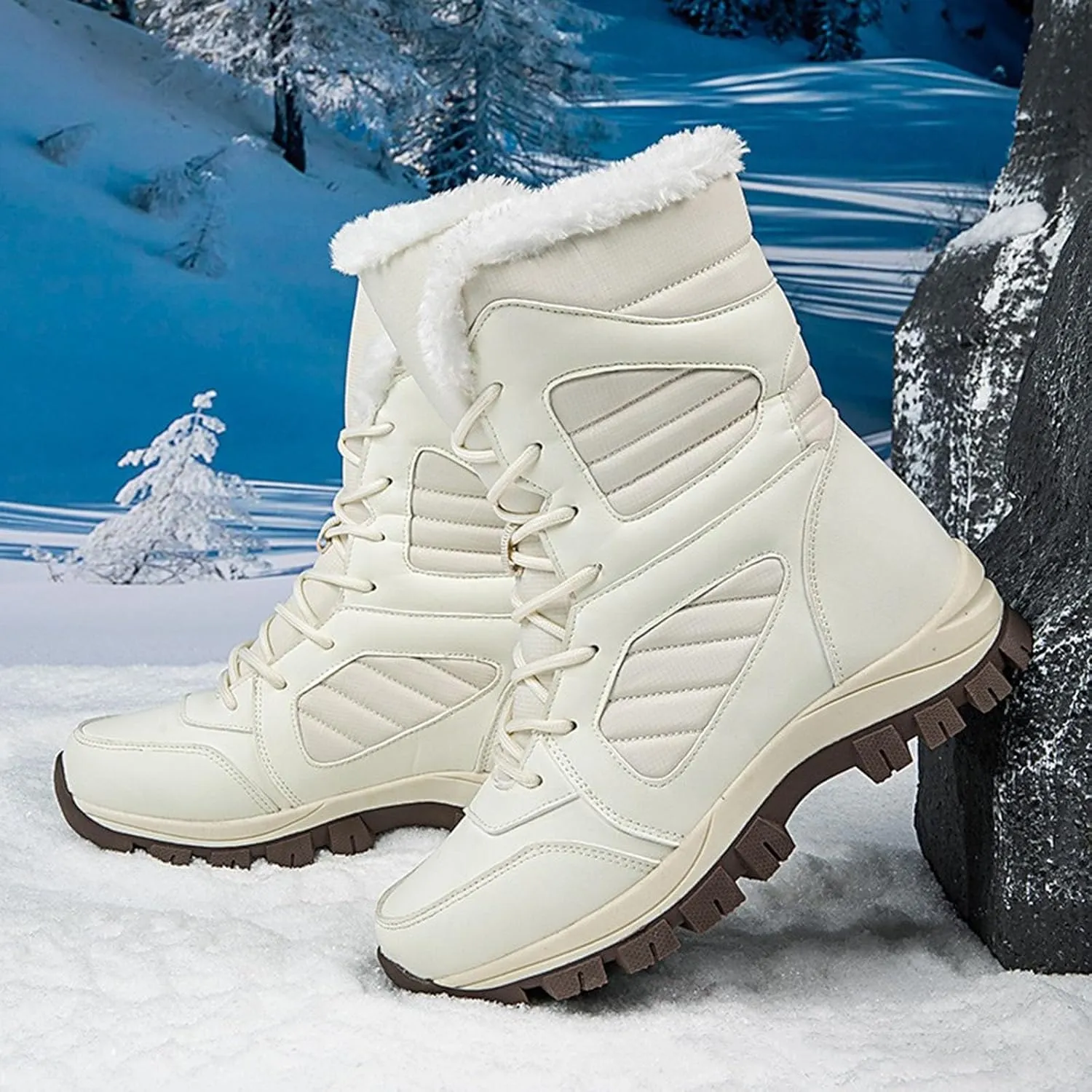 Mid Calf Snow Boots for Women Fleece Lined Warm Winter Boots Lace Up Non Slip Boots Vintage High Top Winter Snow