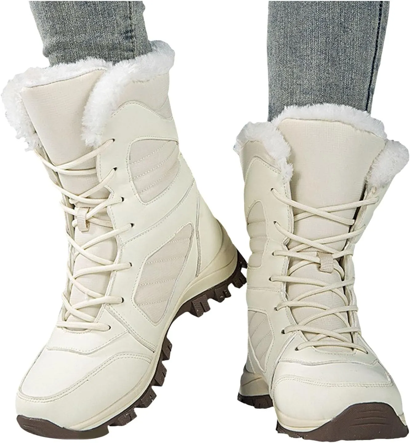 Mid Calf Snow Boots for Women Fleece Lined Warm Winter Boots Lace Up Non Slip Boots Vintage High Top Winter Snow