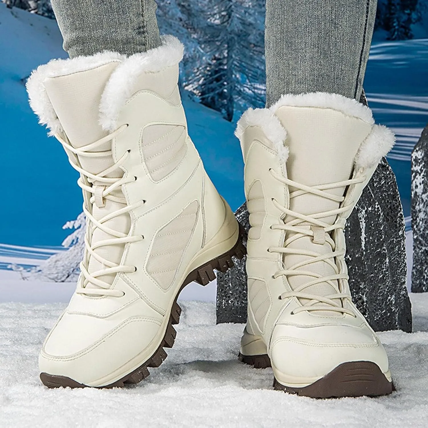 Mid Calf Snow Boots for Women Fleece Lined Warm Winter Boots Lace Up Non Slip Boots Vintage High Top Winter Snow