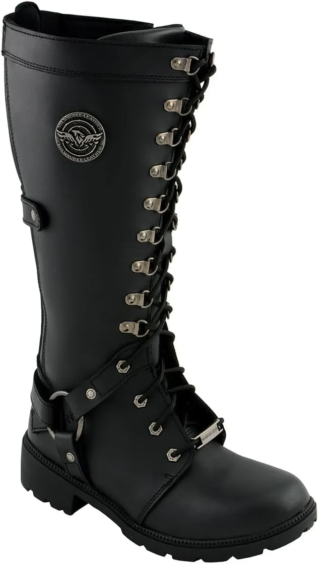 Milwaukee Leather MBL9380 Women's Black 'Jane' 15-inch Leather Combat Style Harness Motorcycle Boots
