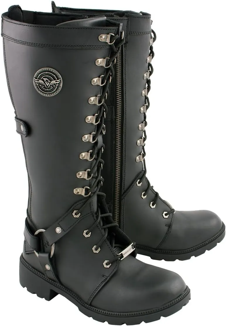Milwaukee Leather MBL9380 Women's Black 'Jane' 15-inch Leather Combat Style Harness Motorcycle Boots