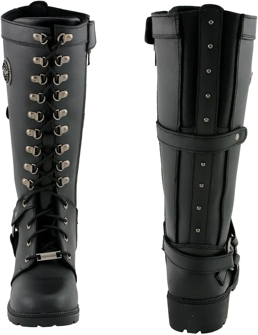 Milwaukee Leather MBL9380 Women's Black 'Jane' 15-inch Leather Combat Style Harness Motorcycle Boots