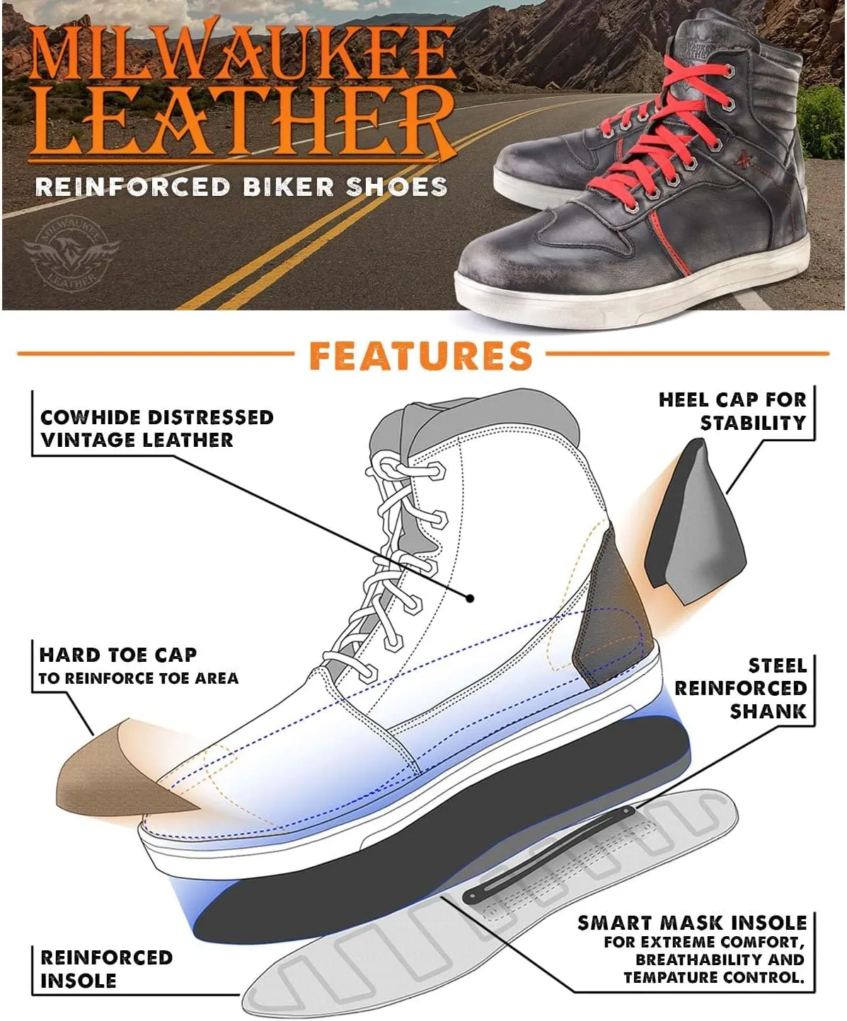 Milwaukee Leather Men's Motorcycle Reinforced Street Biker Casual Riding Shoes Leather Suede Canvas - 14