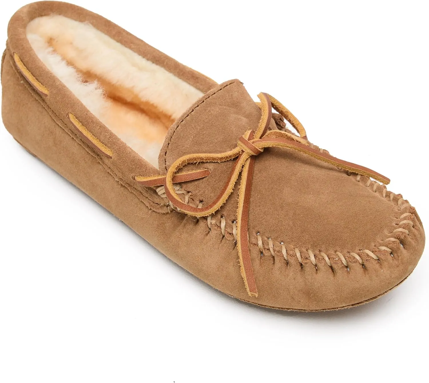 Minnetonka Women's Sheepskin Soft Leather Sole Leather Sole Moccasin, Tan 7 W