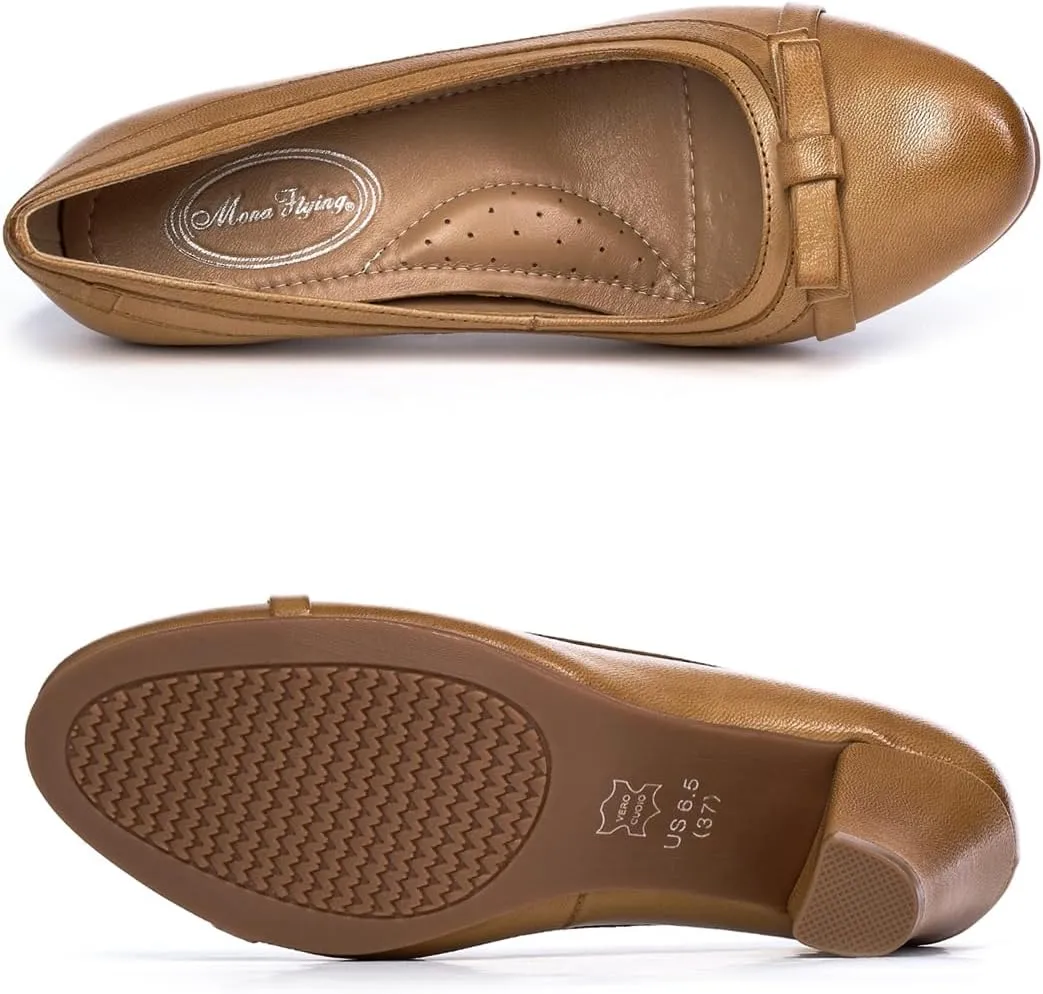 Mona flying Leather Mid Chunky Pumps Elegant Women Slip On Classic Comfortable Elegant Handmade Work Shoes