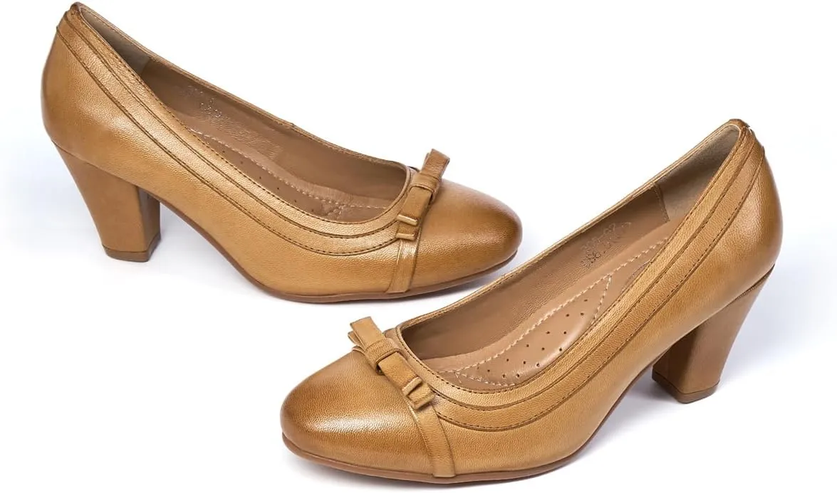 Mona flying Leather Mid Chunky Pumps Elegant Women Slip On Classic Comfortable Elegant Handmade Work Shoes