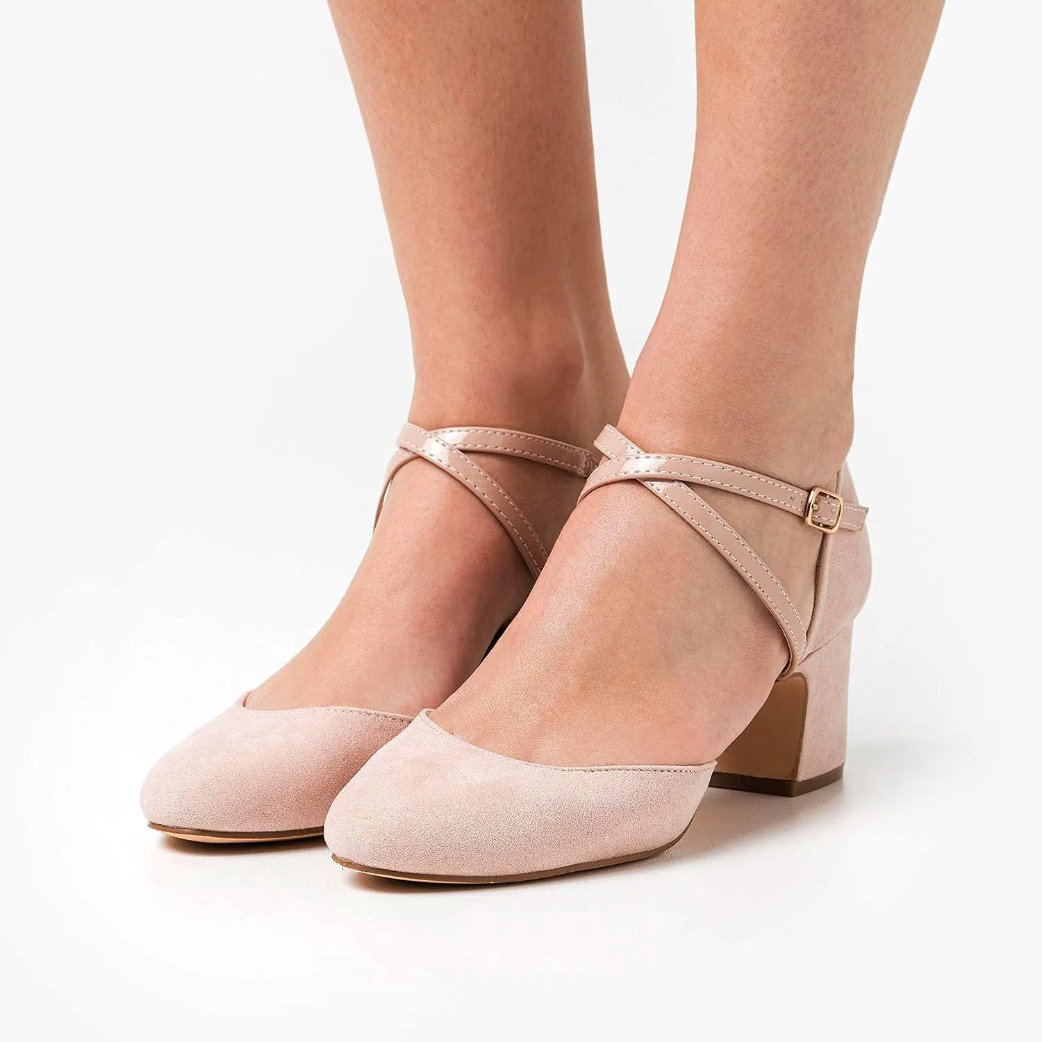 MOOMMO Women Chunky Block Heel Mary Jane Pumps Round Toe Ankle Strap Cut Out Suede Pumps Low Heel Dress Shoes D'Orsay Almond Closed Toe Sandals Pumps Thick Heels Dressy Party Wedding 4-13 M US