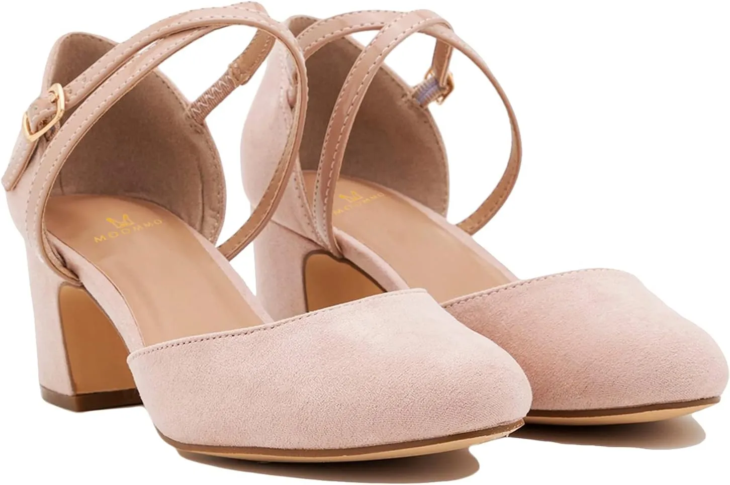 MOOMMO Women Chunky Block Heel Mary Jane Pumps Round Toe Ankle Strap Cut Out Suede Pumps Low Heel Dress Shoes D'Orsay Almond Closed Toe Sandals Pumps Thick Heels Dressy Party Wedding 4-13 M US