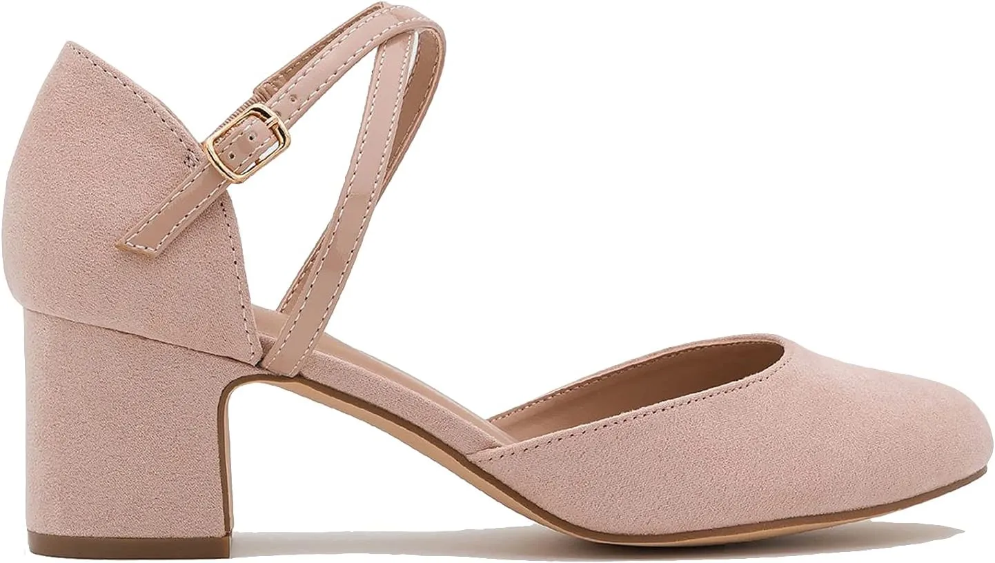 MOOMMO Women Chunky Block Heel Mary Jane Pumps Round Toe Ankle Strap Cut Out Suede Pumps Low Heel Dress Shoes D'Orsay Almond Closed Toe Sandals Pumps Thick Heels Dressy Party Wedding 4-13 M US