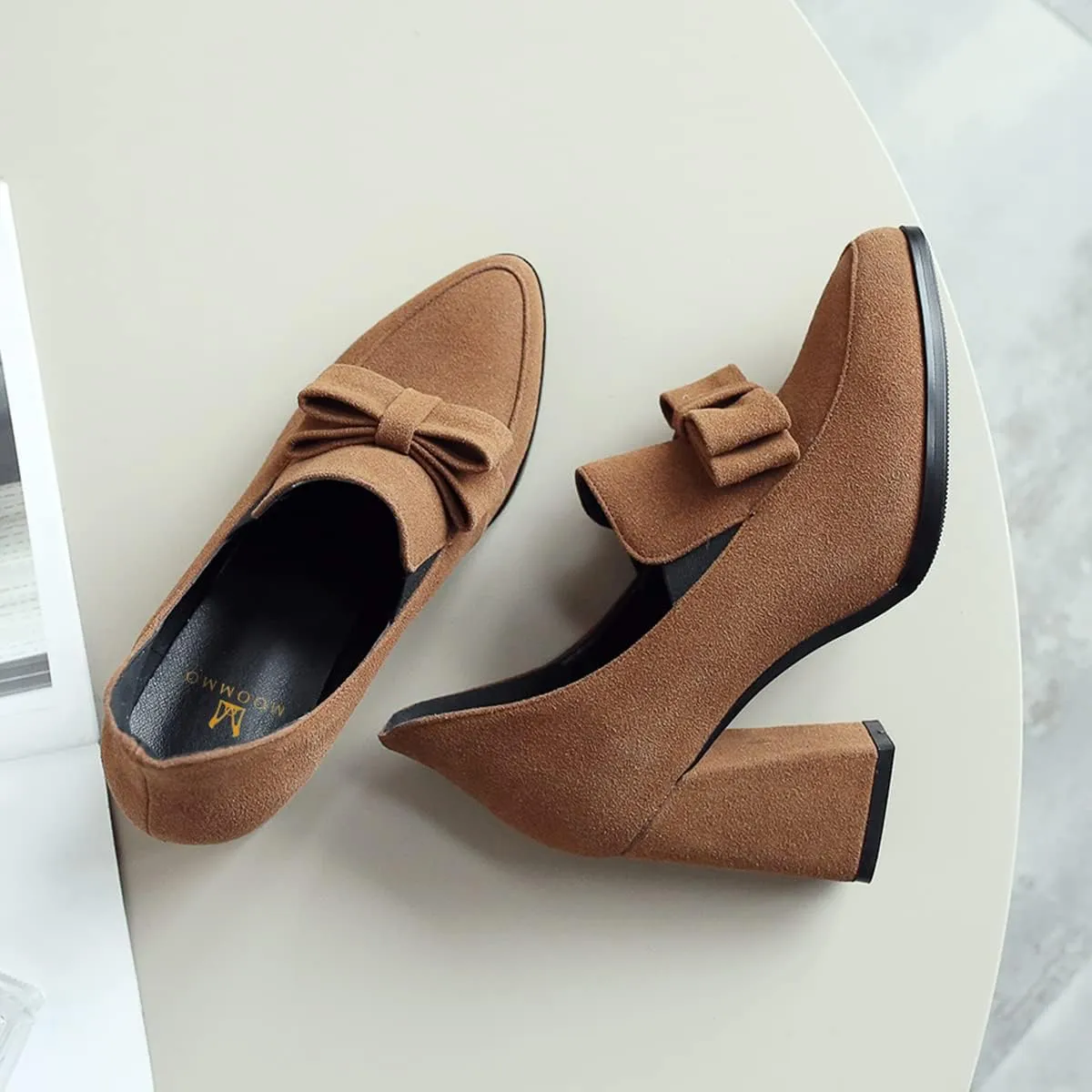 MOOMMO Women Chunky High Heel Pumps Bowknot Slip On Suede Loafers Shoes Pointed Closed Toe Comfortable 3 Inch Mid Block Heel Office Work Penny Loafer Ladies Dressy Elegant Wedding Spring 4-11 M US
