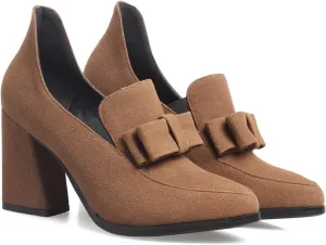MOOMMO Women Chunky High Heel Pumps Bowknot Slip On Suede Loafers Shoes Pointed Closed Toe Comfortable 3 Inch Mid Block Heel Office Work Penny Loafer Ladies Dressy Elegant Wedding Spring 4-11 M US