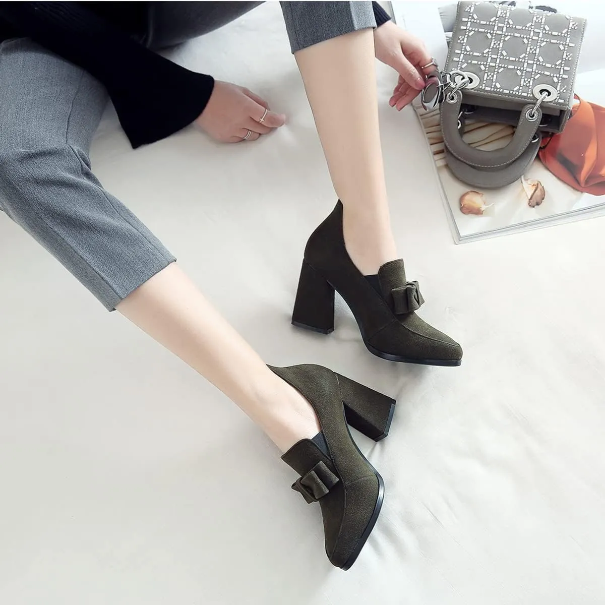 MOOMMO Women Chunky High Heel Pumps Bowknot Slip On Suede Loafers Shoes Pointed Closed Toe Comfortable 3 Inch Mid Block Heel Office Work Penny Loafer Ladies Dressy Elegant Wedding Spring 4-11 M US