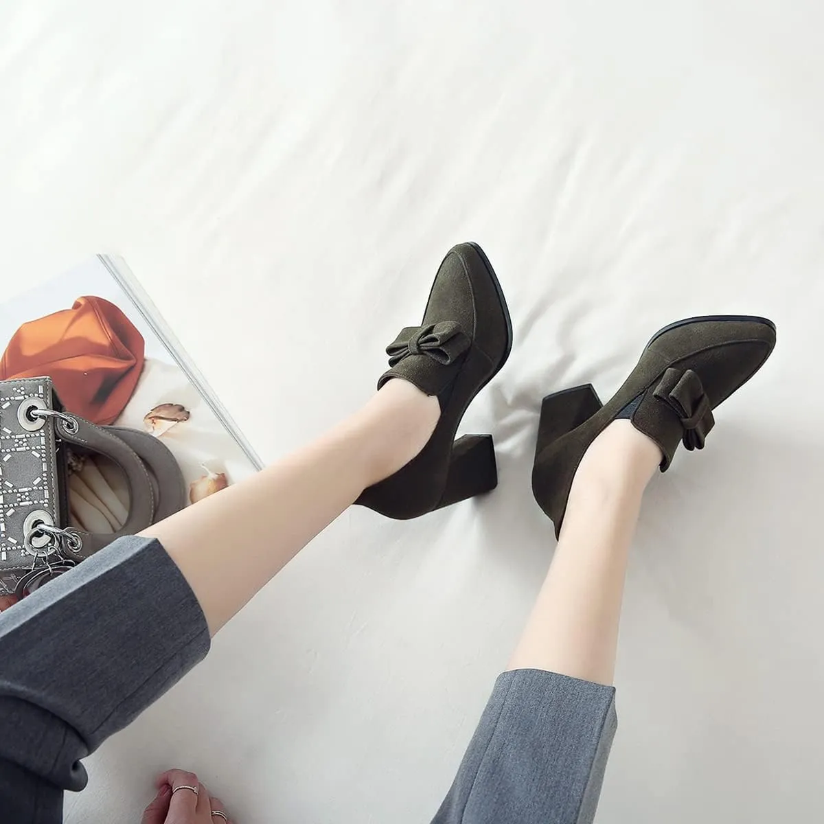 MOOMMO Women Chunky High Heel Pumps Bowknot Slip On Suede Loafers Shoes Pointed Closed Toe Comfortable 3 Inch Mid Block Heel Office Work Penny Loafer Ladies Dressy Elegant Wedding Spring 4-11 M US