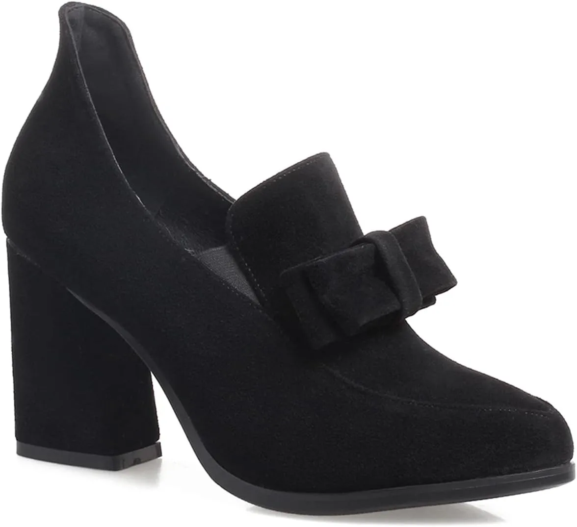 MOOMMO Women Chunky High Heel Pumps Bowknot Slip On Suede Loafers Shoes Pointed Closed Toe Comfortable 3 Inch Mid Block Heel Office Work Penny Loafer Ladies Dressy Elegant Wedding Spring 4-11 M US