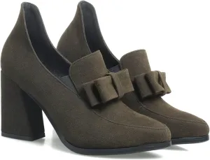 MOOMMO Women Chunky High Heel Pumps Bowknot Slip On Suede Loafers Shoes Pointed Closed Toe Comfortable 3 Inch Mid Block Heel Office Work Penny Loafer Ladies Dressy Elegant Wedding Spring 4-11 M US