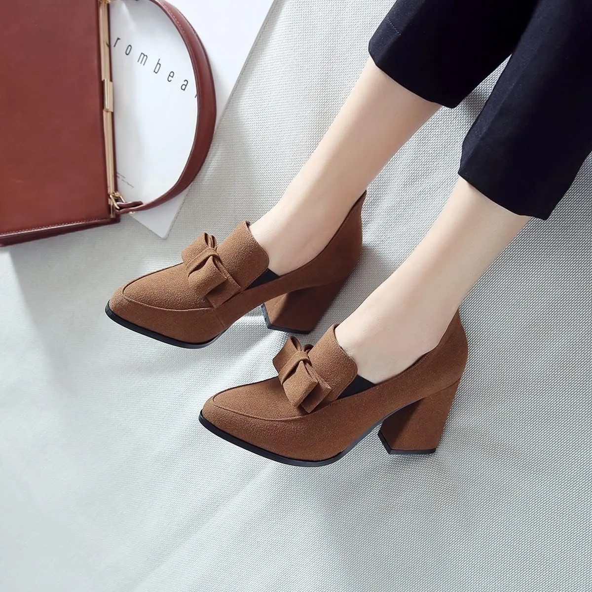 MOOMMO Women Chunky High Heel Pumps Bowknot Slip On Suede Loafers Shoes Pointed Closed Toe Comfortable 3 Inch Mid Block Heel Office Work Penny Loafer Ladies Dressy Elegant Wedding Spring 4-11 M US