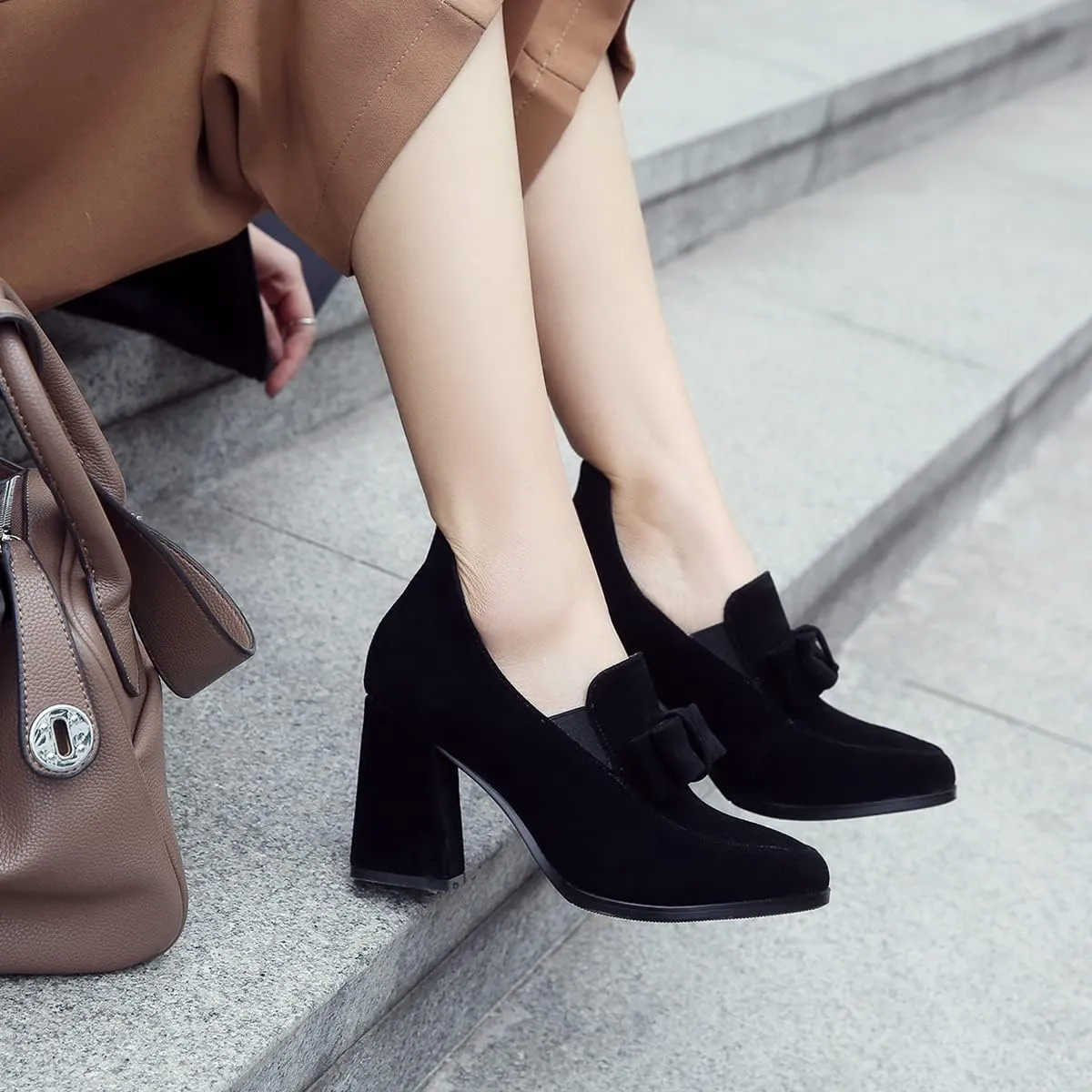MOOMMO Women Chunky High Heel Pumps Bowknot Slip On Suede Loafers Shoes Pointed Closed Toe Comfortable 3 Inch Mid Block Heel Office Work Penny Loafer Ladies Dressy Elegant Wedding Spring 4-11 M US