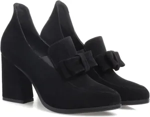 MOOMMO Women Chunky High Heel Pumps Bowknot Slip On Suede Loafers Shoes Pointed Closed Toe Comfortable 3 Inch Mid Block Heel Office Work Penny Loafer Ladies Dressy Elegant Wedding Spring 4-11 M US