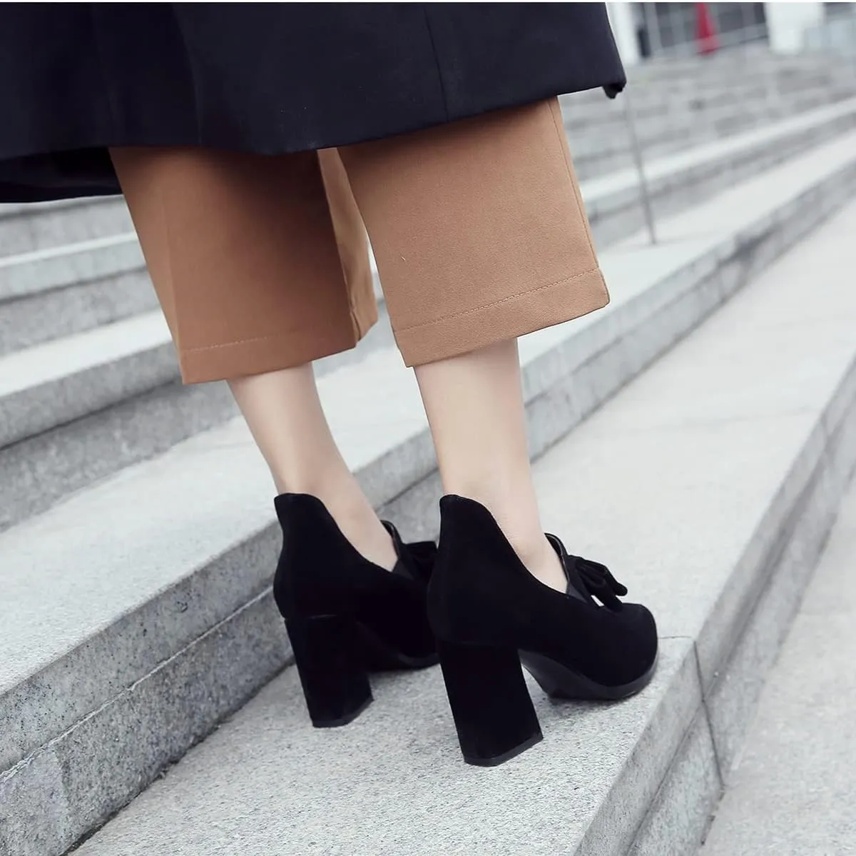 MOOMMO Women Chunky High Heel Pumps Bowknot Slip On Suede Loafers Shoes Pointed Closed Toe Comfortable 3 Inch Mid Block Heel Office Work Penny Loafer Ladies Dressy Elegant Wedding Spring 4-11 M US