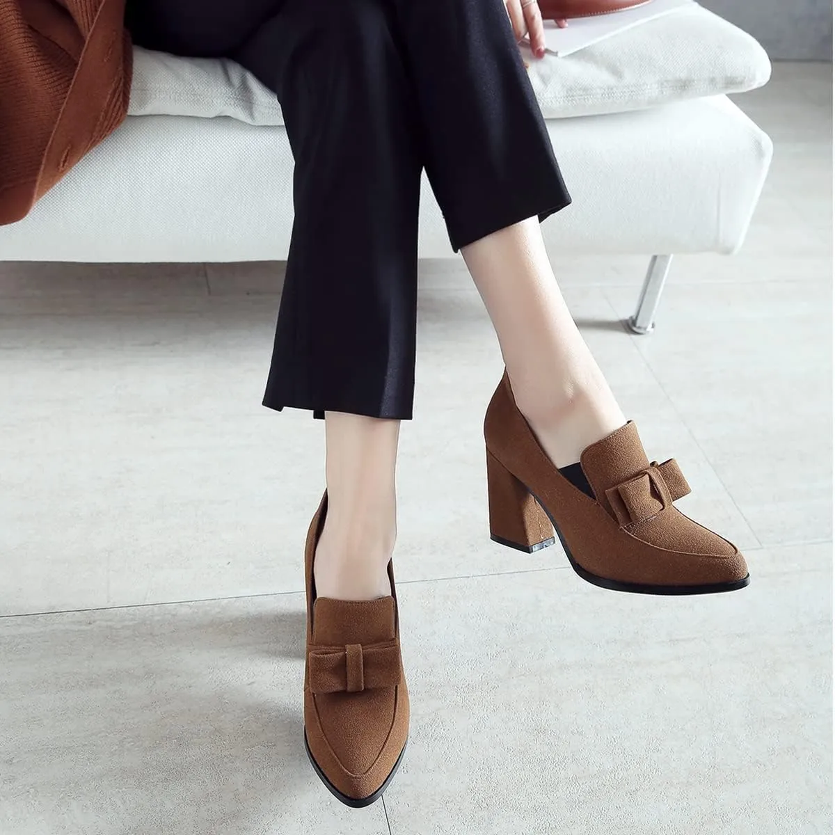 MOOMMO Women Chunky High Heel Pumps Bowknot Slip On Suede Loafers Shoes Pointed Closed Toe Comfortable 3 Inch Mid Block Heel Office Work Penny Loafer Ladies Dressy Elegant Wedding Spring 4-11 M US