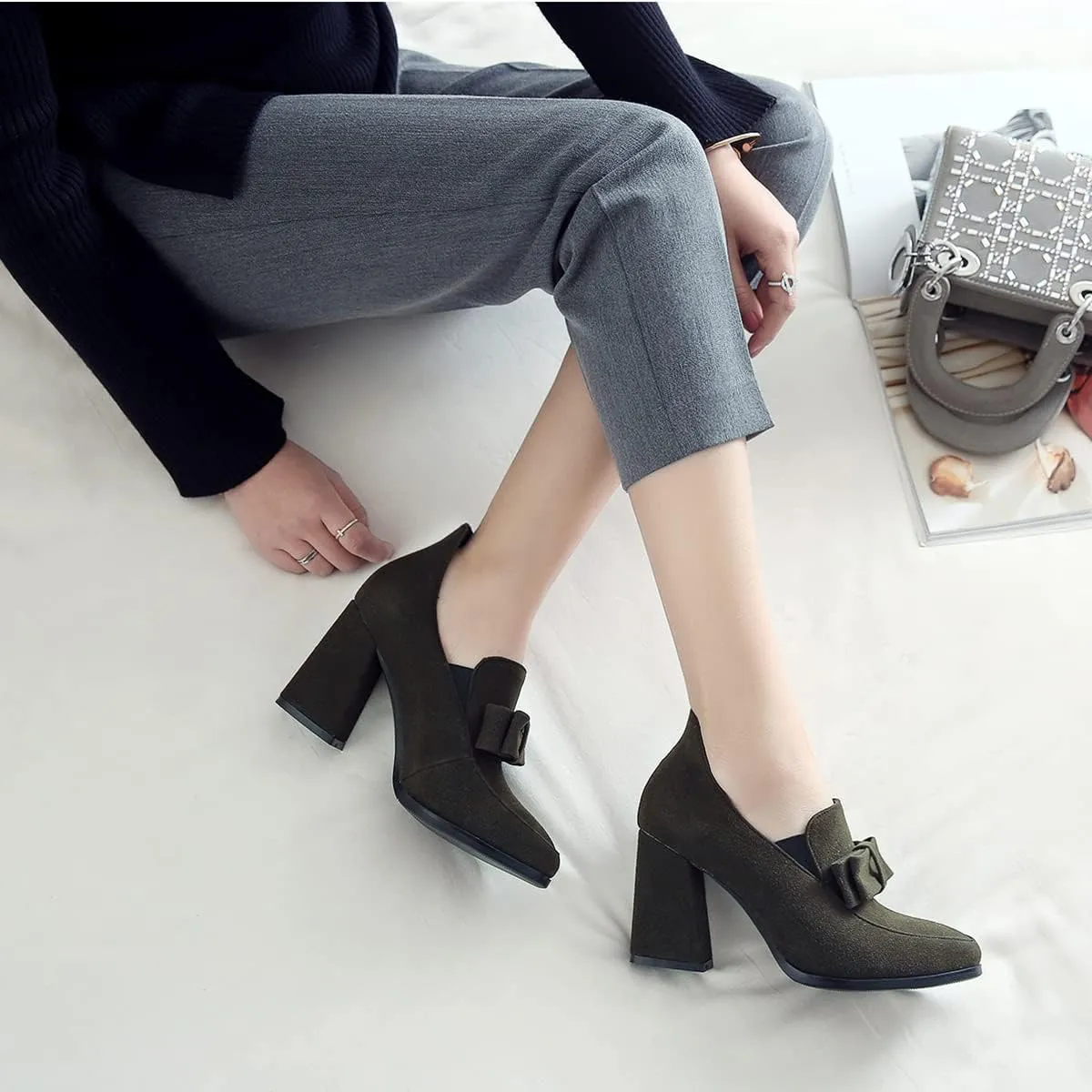 MOOMMO Women Chunky High Heel Pumps Bowknot Slip On Suede Loafers Shoes Pointed Closed Toe Comfortable 3 Inch Mid Block Heel Office Work Penny Loafer Ladies Dressy Elegant Wedding Spring 4-11 M US
