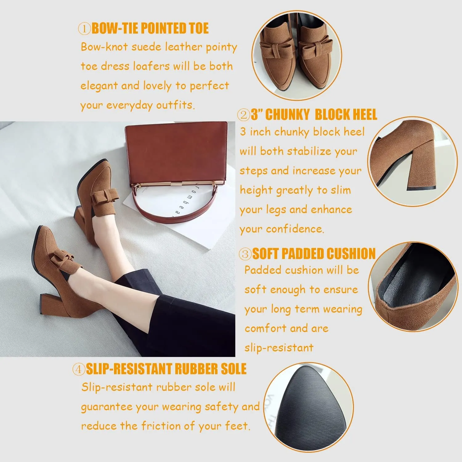 MOOMMO Women Chunky High Heel Pumps Bowknot Slip On Suede Loafers Shoes Pointed Closed Toe Comfortable 3 Inch Mid Block Heel Office Work Penny Loafer Ladies Dressy Elegant Wedding Spring 4-11 M US