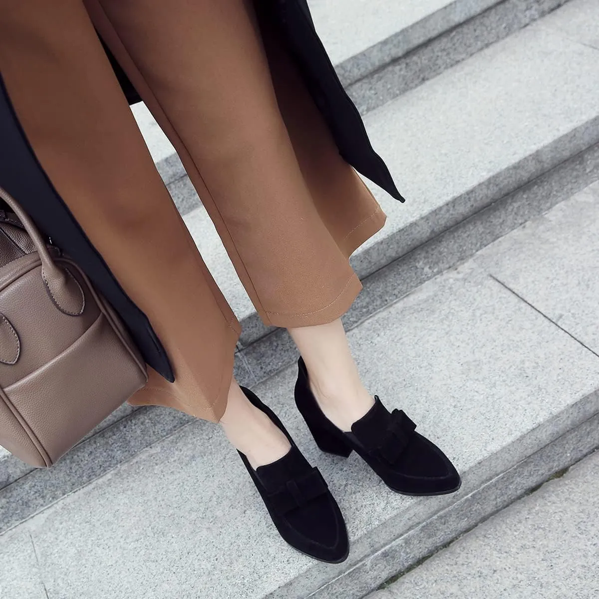 MOOMMO Women Chunky High Heel Pumps Bowknot Slip On Suede Loafers Shoes Pointed Closed Toe Comfortable 3 Inch Mid Block Heel Office Work Penny Loafer Ladies Dressy Elegant Wedding Spring 4-11 M US