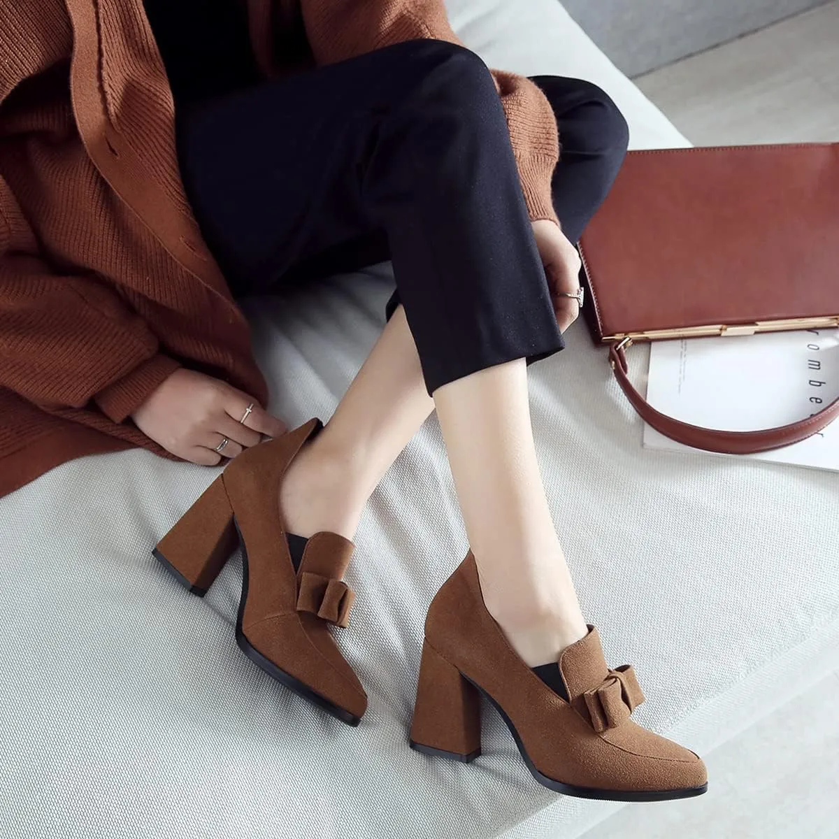 MOOMMO Women Chunky High Heel Pumps Bowknot Slip On Suede Loafers Shoes Pointed Closed Toe Comfortable 3 Inch Mid Block Heel Office Work Penny Loafer Ladies Dressy Elegant Wedding Spring 4-11 M US