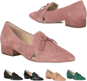 MOOMMO Women Low Chunky Block Heel Suede Pumps Bow Pointed Cloased Toe Slip On Loafers Block Heel Penny Loafers Ladies Cutout Office Work Oxfords Shoes Dressy Vintage Fall Daily Comofort 4-11 M US