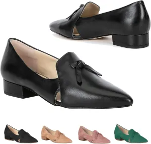 MOOMMO Women Low Chunky Block Heel Suede Pumps Bow Pointed Cloased Toe Slip On Loafers Block Heel Penny Loafers Ladies Cutout Office Work Oxfords Shoes Dressy Vintage Fall Daily Comofort 4-11 M US