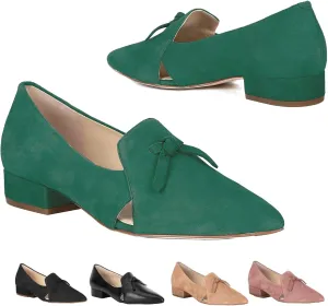 MOOMMO Women Low Chunky Block Heel Suede Pumps Bow Pointed Cloased Toe Slip On Loafers Block Heel Penny Loafers Ladies Cutout Office Work Oxfords Shoes Dressy Vintage Fall Daily Comofort 4-11 M US