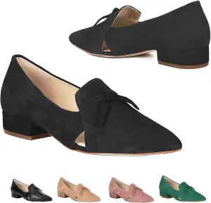 MOOMMO Women Low Chunky Block Heel Suede Pumps Bow Pointed Cloased Toe Slip On Loafers Block Heel Penny Loafers Ladies Cutout Office Work Oxfords Shoes Dressy Vintage Fall Daily Comofort 4-11 M US