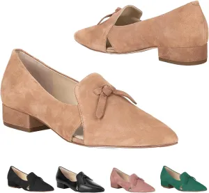 MOOMMO Women Low Chunky Block Heel Suede Pumps Bow Pointed Cloased Toe Slip On Loafers Block Heel Penny Loafers Ladies Cutout Office Work Oxfords Shoes Dressy Vintage Fall Daily Comofort 4-11 M US