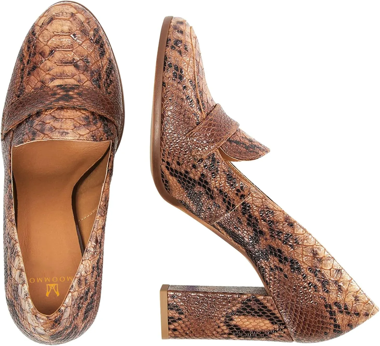 MOOMMO Women's Chunky Block Heel Pumps Round Closed Toe Slip On Oxford Loafers Shoes High Heels Snakeskin Work Pump Suede Loafer for Office Ladies